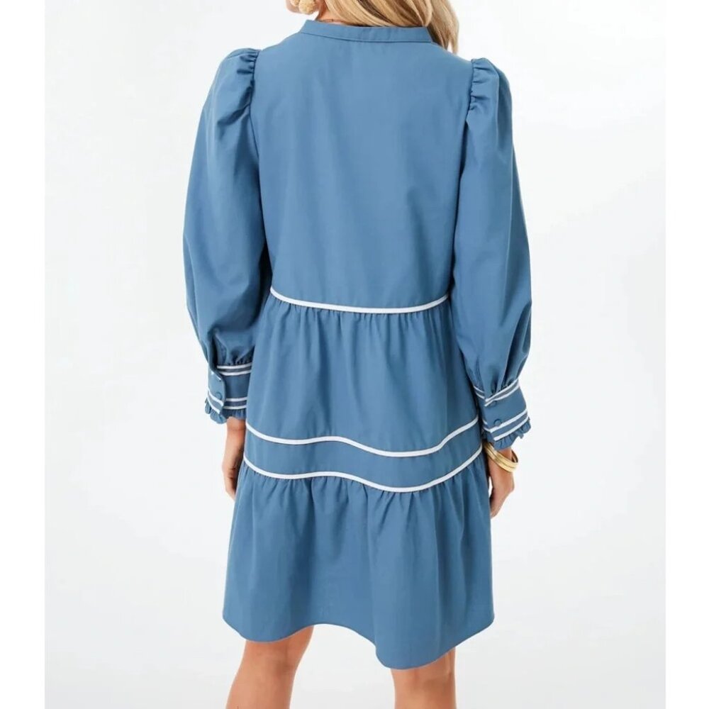 Pomander Place Tuckernuck blue white tiered linen blend dress - Picture 2 of 6